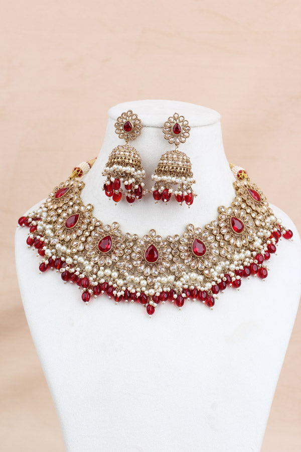 Red Premium Quality Large Polki Necklace Set With Jhumka Earrings And Tikka (NS016-R-Polki-B2)