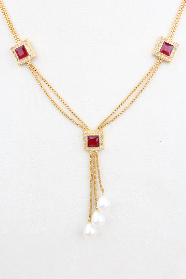 Simple And Elegant Pendant Set With Red Stones And White Pearls Attached Also Matching Earrings (PS001-R)