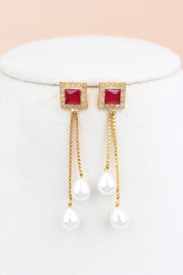 Simple And Elegant Pendant Set With Red Stones And White Pearls Attached Also Matching Earrings (PS001-R)