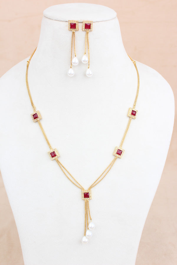 Simple And Elegant Pendant Set With Red Stones And White Pearls Attached Also Matching Earrings (PS001-R)