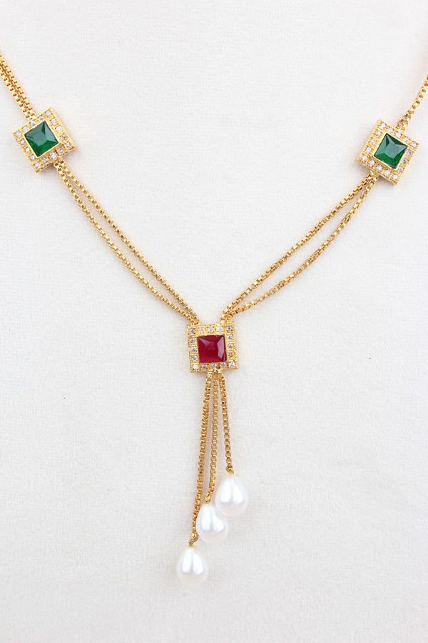 Simple And Elegant Pendant Set With Red And Green Stones And White Pearls Attached Also Matching Earrings (PS001-RG)