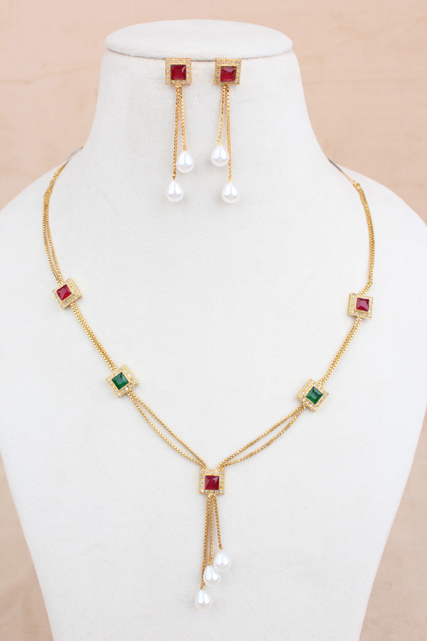 Simple And Elegant Pendant Set With Red And Green Stones And White Pearls Attached Also Matching Earrings (PS001-RG)