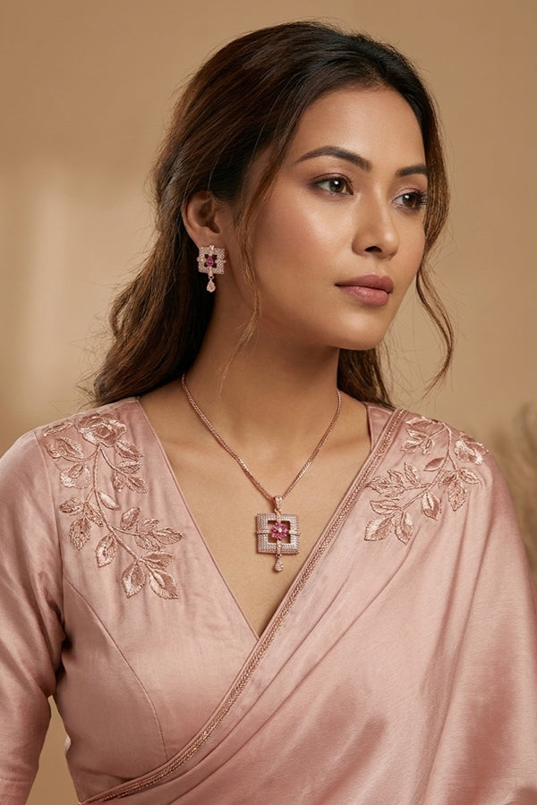 Pendant Set With Flower In Center And Small Matching Earrings