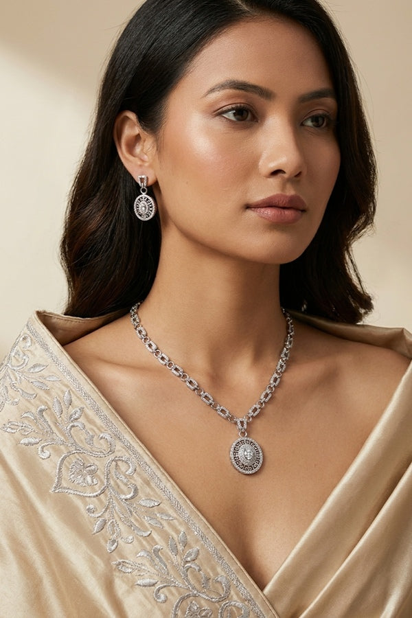 Silver Polish Pendant Set With Design On Chain And Matching Earrings