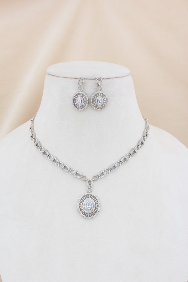 Silver Polish Pendant Set With Design On Chain And Matching Earrings (PS004)