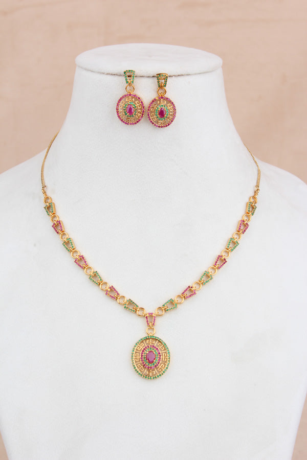 Gold Polish Pendant Set With Design On Chain And Matching Earrings (PS004-MU)