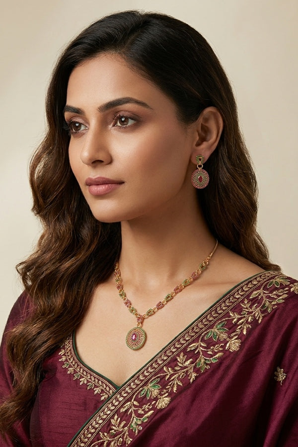 Gold Polish Pendant Set With Design On Chain And Matching Earrings