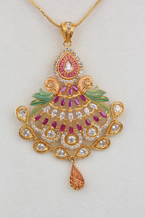 Colorful Pendant Set With Ruby Colour Stones And Matching Earrings (PS006-RU)