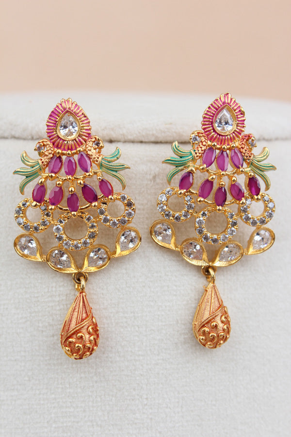 Colorful Pendant Set With Ruby Colour Stones And Matching Earrings (PS006-RU)