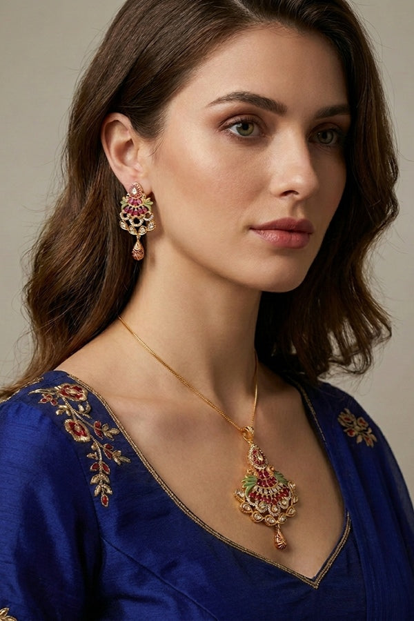 Colorful Pendant Set With Ruby Colour Stones And Matching Earrings