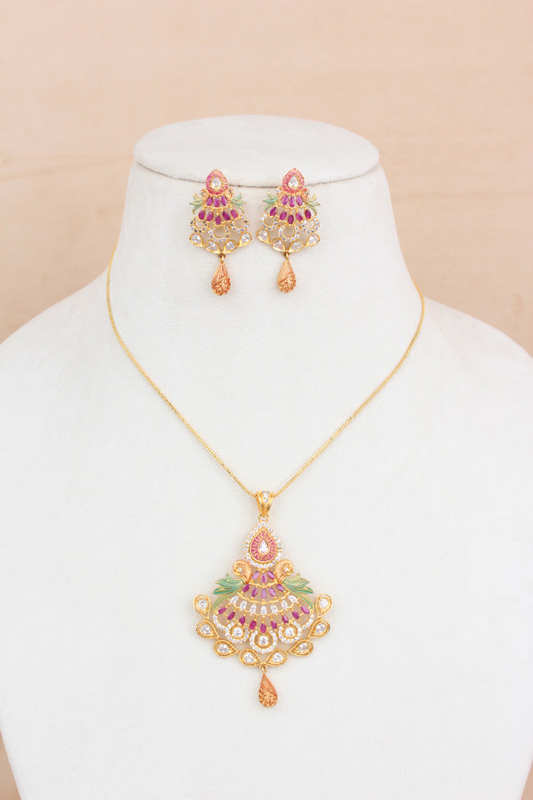 Colorful Pendant Set With Ruby Colour Stones And Matching Earrings (PS006-RU)