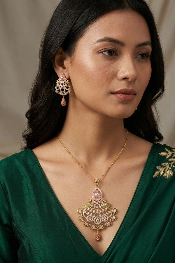 Colorful Pendant Set With Silver Colour Stones And Matching Earrings