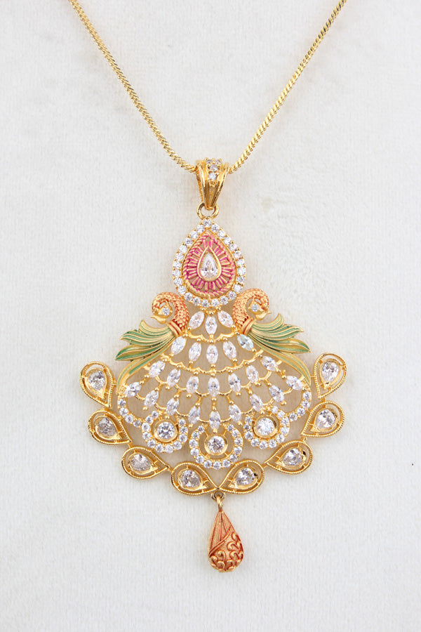 Colorful Pendant Set With Silver Colour Stones And Matching Earrings (PS006-S)