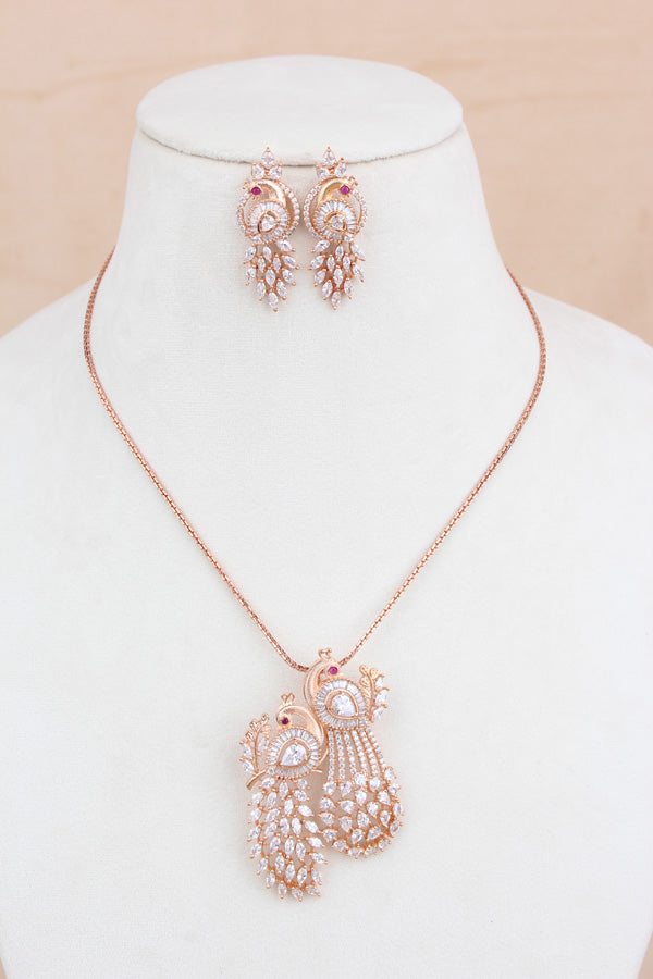 Pendant Set With American Diamonds And Double Design Also Matching Earrings (PS007-W)