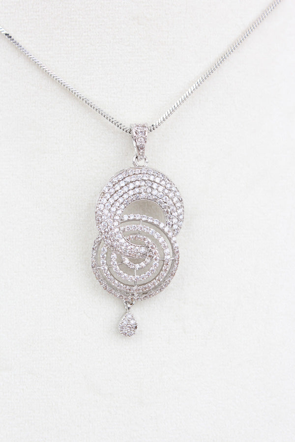 Silver Polish Pendant Set With American Diamonds And Matching Earrings (PS008)