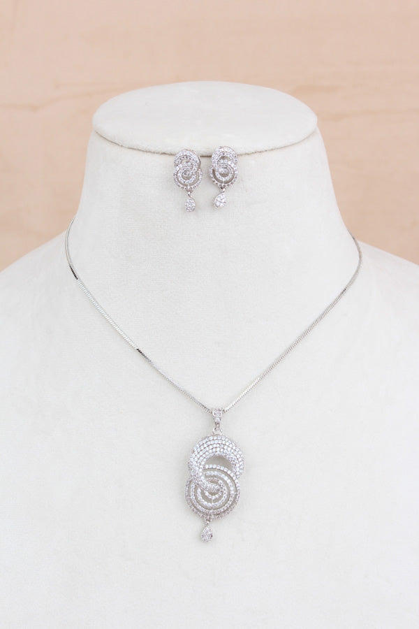 Silver Polish Pendant Set With American Diamonds And Matching Earrings (PS008)