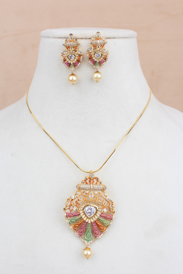 Pendant Set In Colours And American Diamonds With Matching Earrings (PS009)