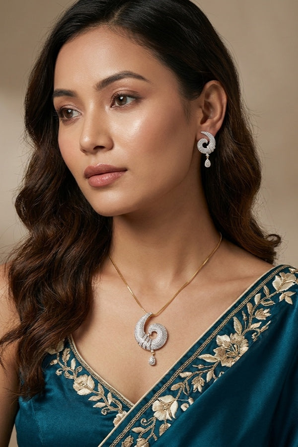 Gold Polish Pendant Set With American Diamonds  And Matching Earrings