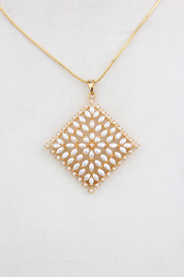 Pendant Set In Gold Polish With White Pearls Attached And Matching Earrings (PS011)