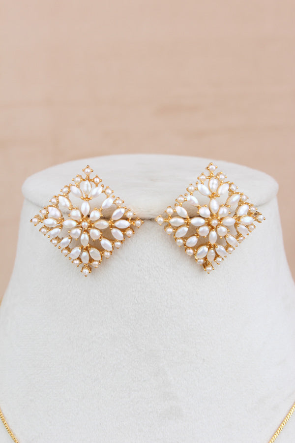 Pendant Set In Gold Polish With White Pearls Attached And Matching Earrings (PS011)