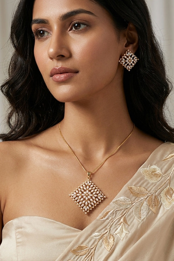 Pendant Set In Gold Polish With White Pearls Attached And Matching Earrings