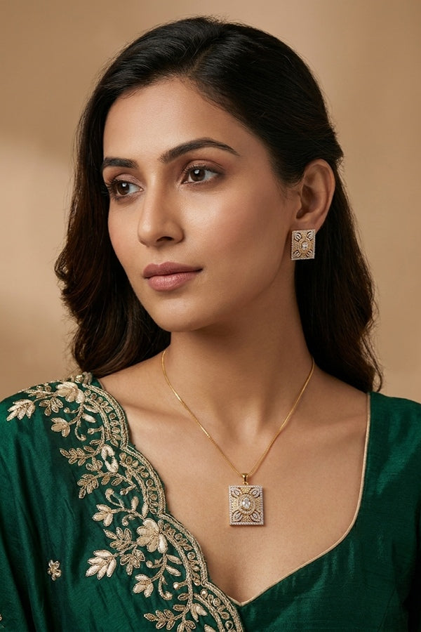 Premiun Quality Gold Polish Pendant Set With American Diamonds  And Matching Earrings