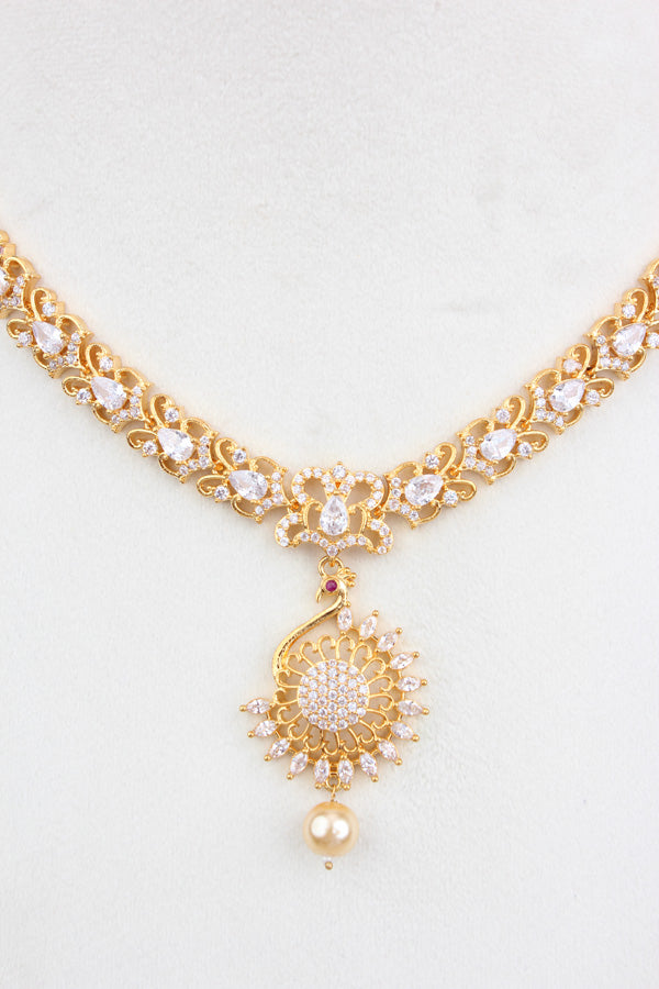 Premium Quality Gold Polish Pendant Set With American Diamonds And Matching Earrings (PS014)