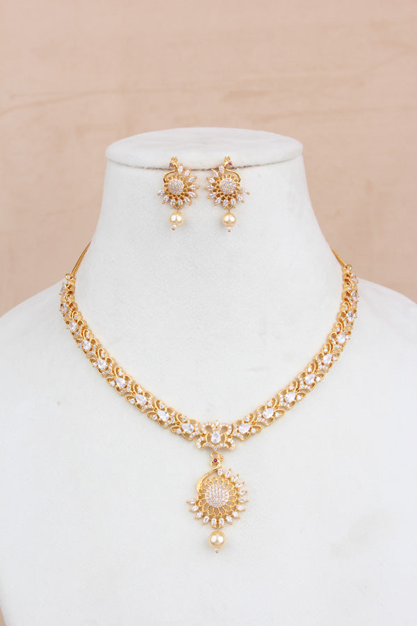 Premium Quality Gold Polish Pendant Set With American Diamonds And Matching Earrings (PS014)