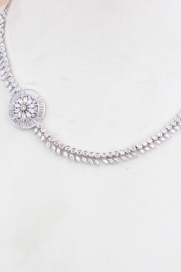Premium Quality Silver Polish Pendant Set With American Diamonds And Stud Earrings (PS016)