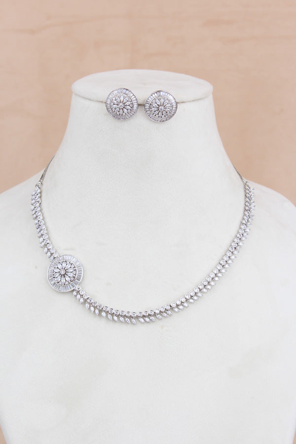 Premium Quality Silver Polish Pendant Set With American Diamonds And Stud Earrings (PS016)