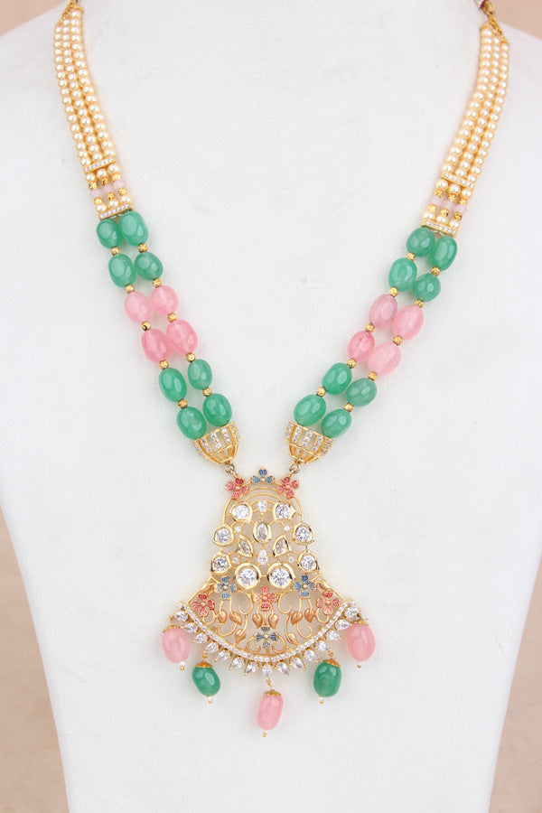 Premium Quality Set With Colourful Pearls And American Diamonds With Matching Earrings (PS018)