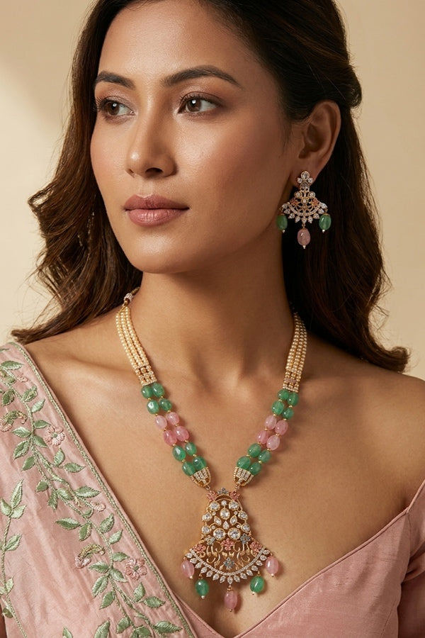 Premium Quality Set With Colourful Pearls And American Diamonds With Matching Earrings