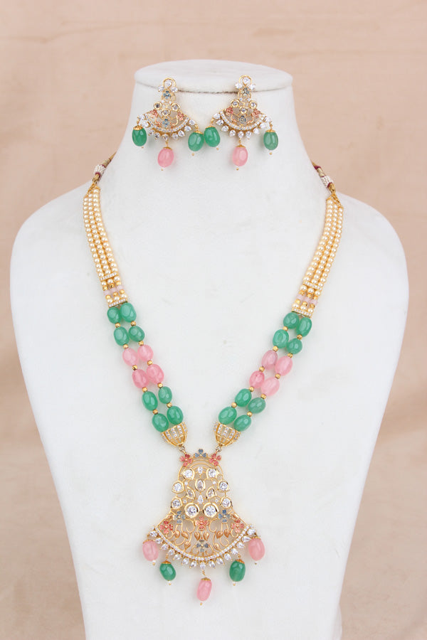 Premium Quality Set With Colourful Pearls And American Diamonds With Matching Earrings (PS018)