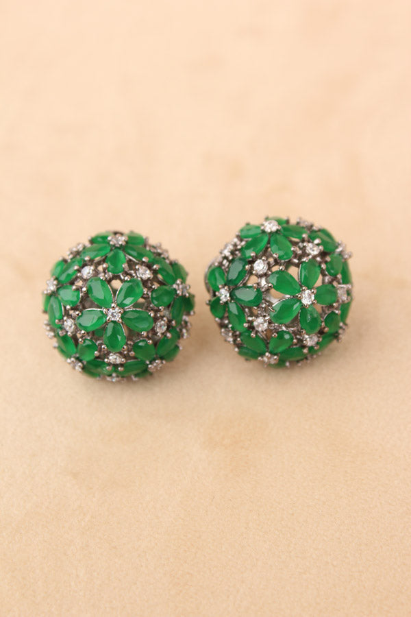 Round Studs With Green Colour American Diamonds Stones (ST002-G-B1)