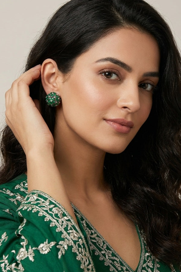 Round Studs With Green Colour American Diamonds Stones
