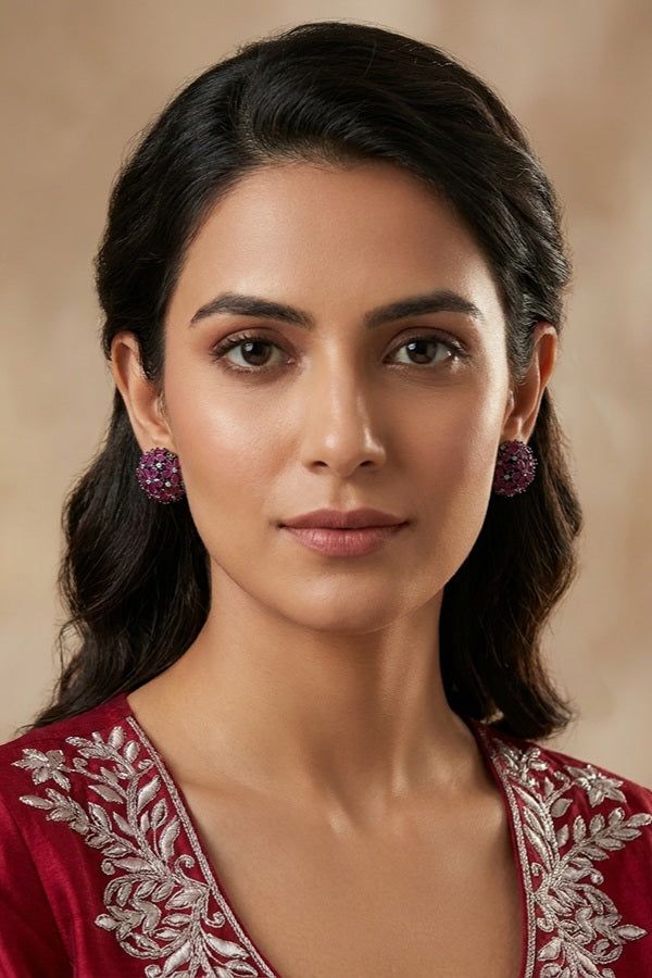 Round Studs With Ruby Colour American Diamonds Stones 
