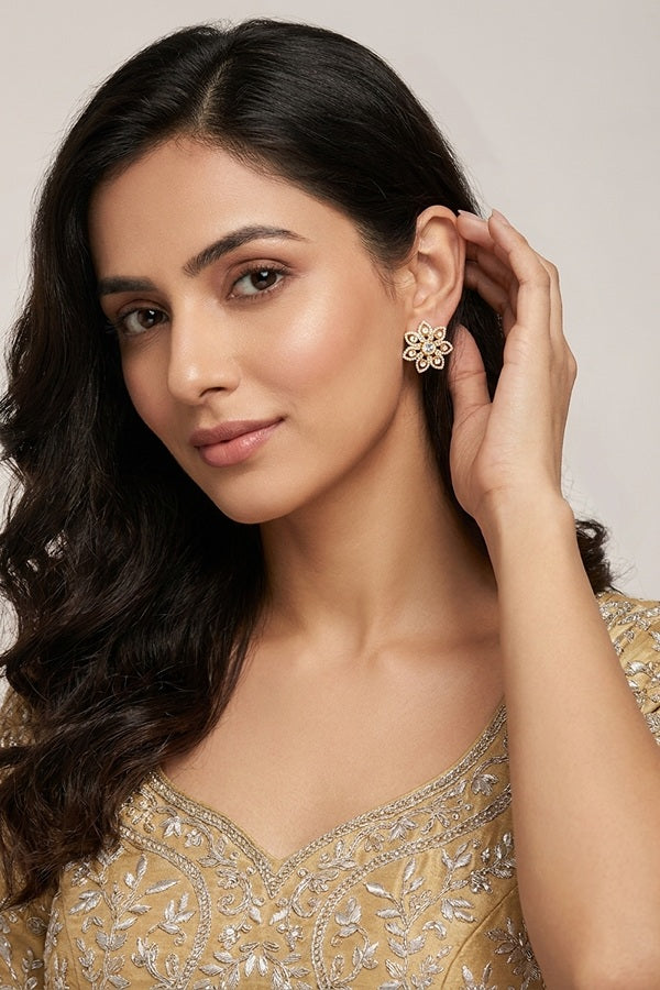 Flower Studs In Gold Colour With American Diamonds