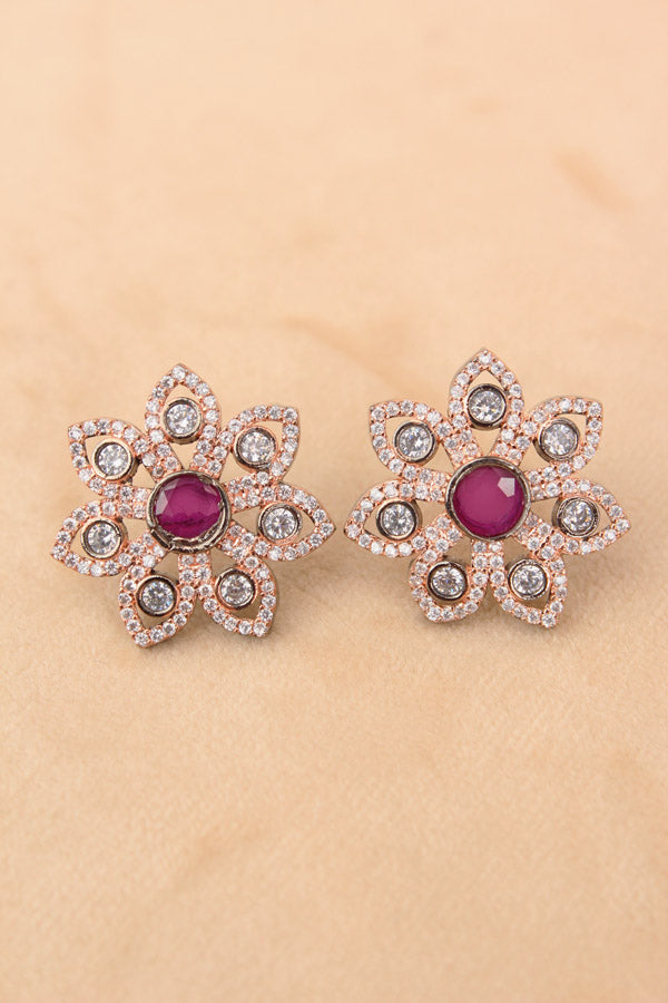 Flower Studs In Purple Colour With American Diamonds (ST003-PU-B1)