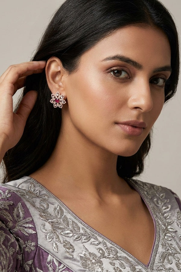 Flower Studs In Purple Colour With American Diamonds
