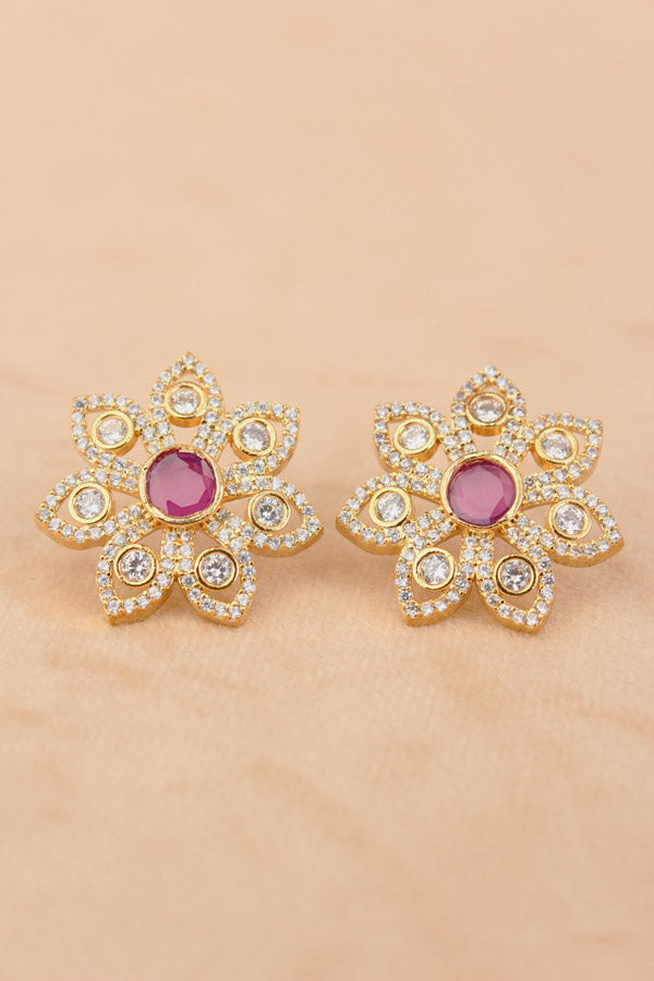 Flower Studs In Ruby Colour With American Diamonds (ST003-RU-B1)