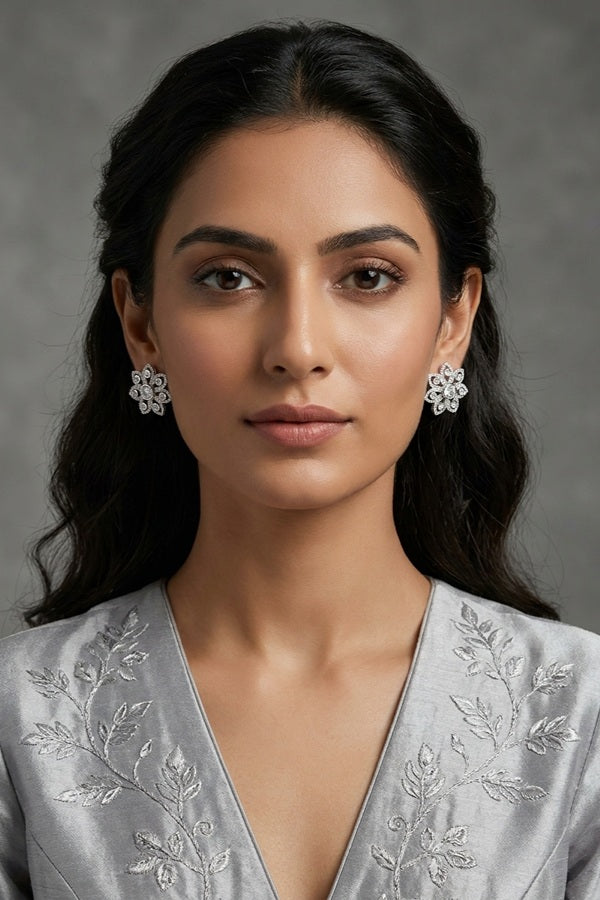 Flower Studs In Silver Colour With American Diamonds