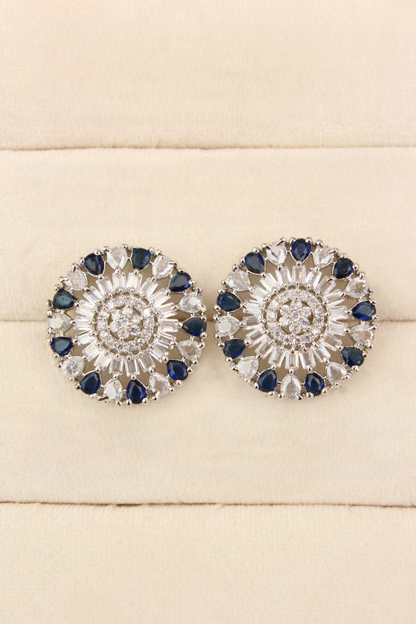 Round Flower Shape Studs In Blue Colour With American Diamonds (ST004-B-B1)
