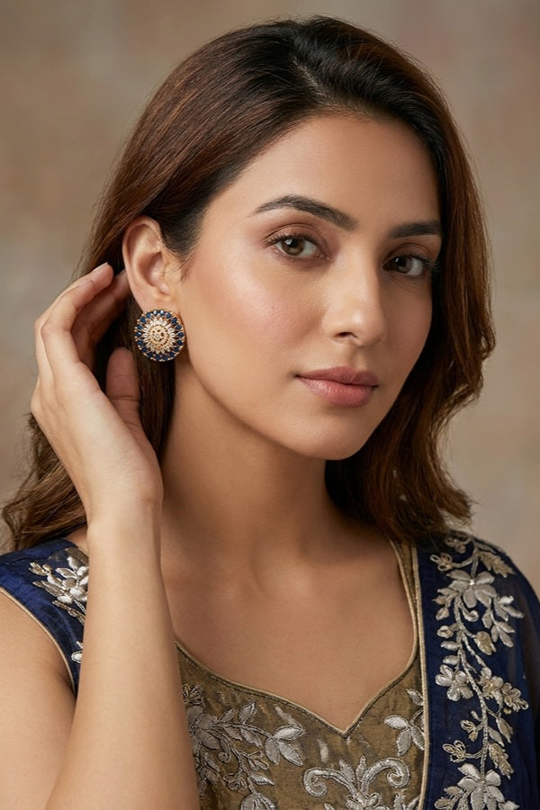 Round Flower Shape Studs In Dark Blue Colour With American Diamonds
