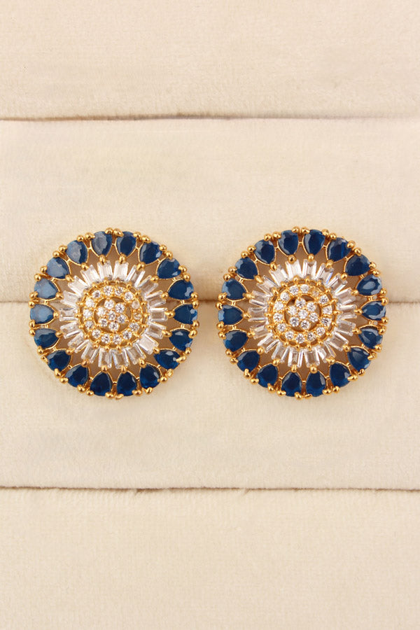 Round Flower Shape Studs In Dark Blue Colour With American Diamonds (ST004-DB-B1)