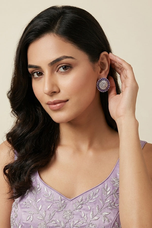 Round Flower Shape Studs In Lavender Colour With American Diamonds