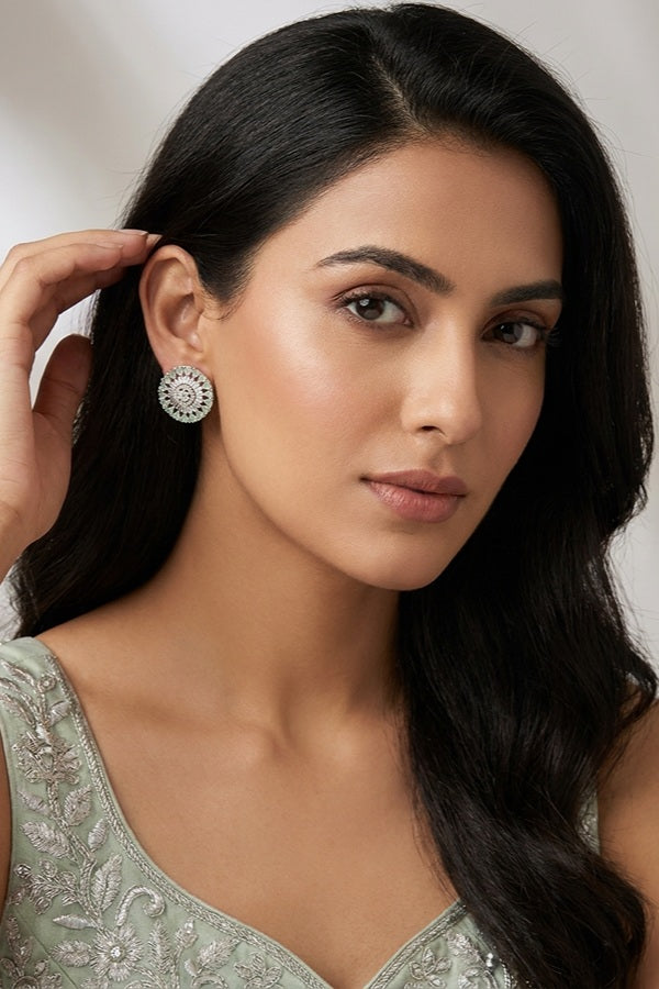 Round Flower Shape Studs In Light Green Colour With American Diamonds