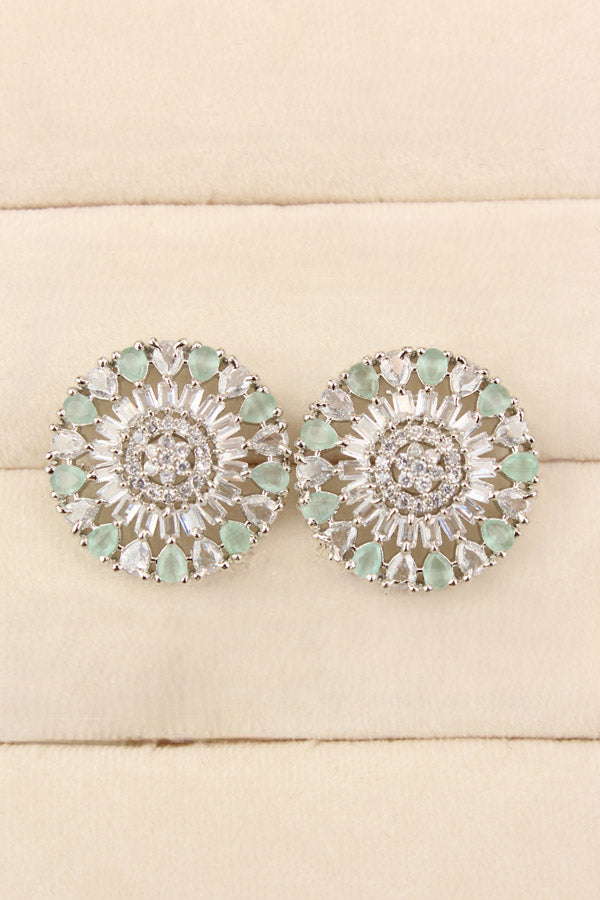 Round Flower Shape Studs In Light Green Colour With American Diamonds (ST004-LG-B1)