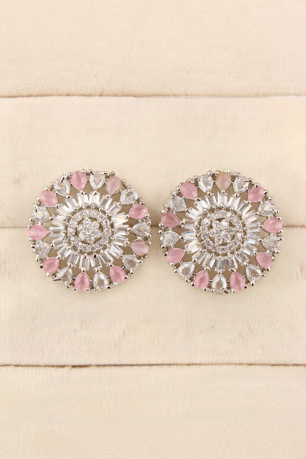 Round Flower Shape Studs In Light Pink Colour With American Diamonds (ST004-LP-B1)