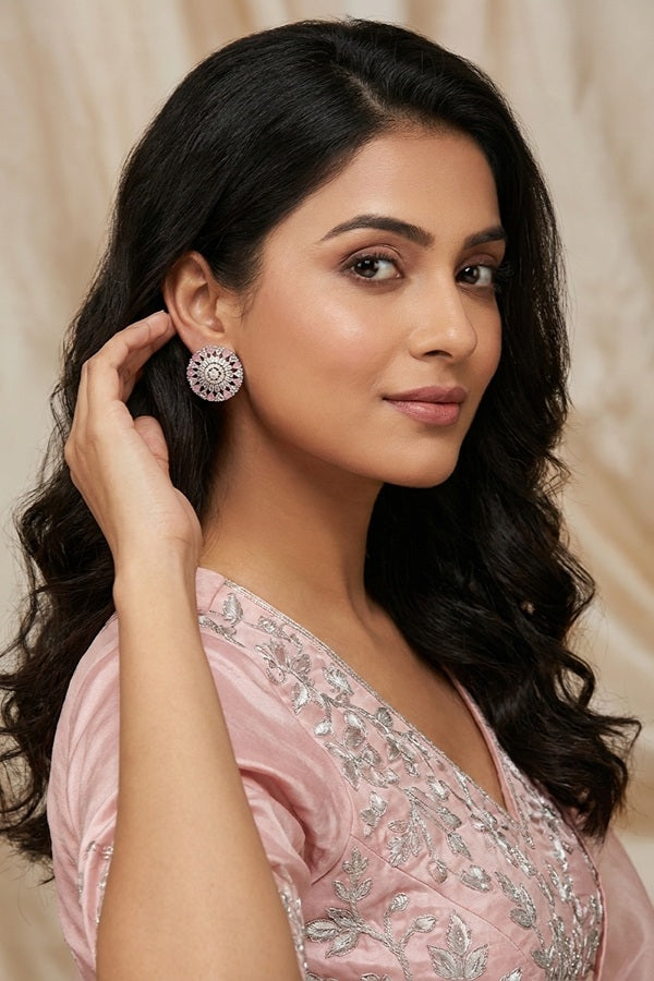 Round Flower Shape Studs In Light Pink Colour With American Diamonds