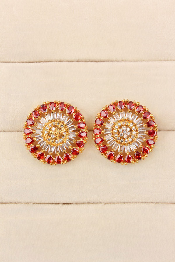 Round Flower Shape Studs In Orange Colour With American Diamonds (ST004-O-B1)
